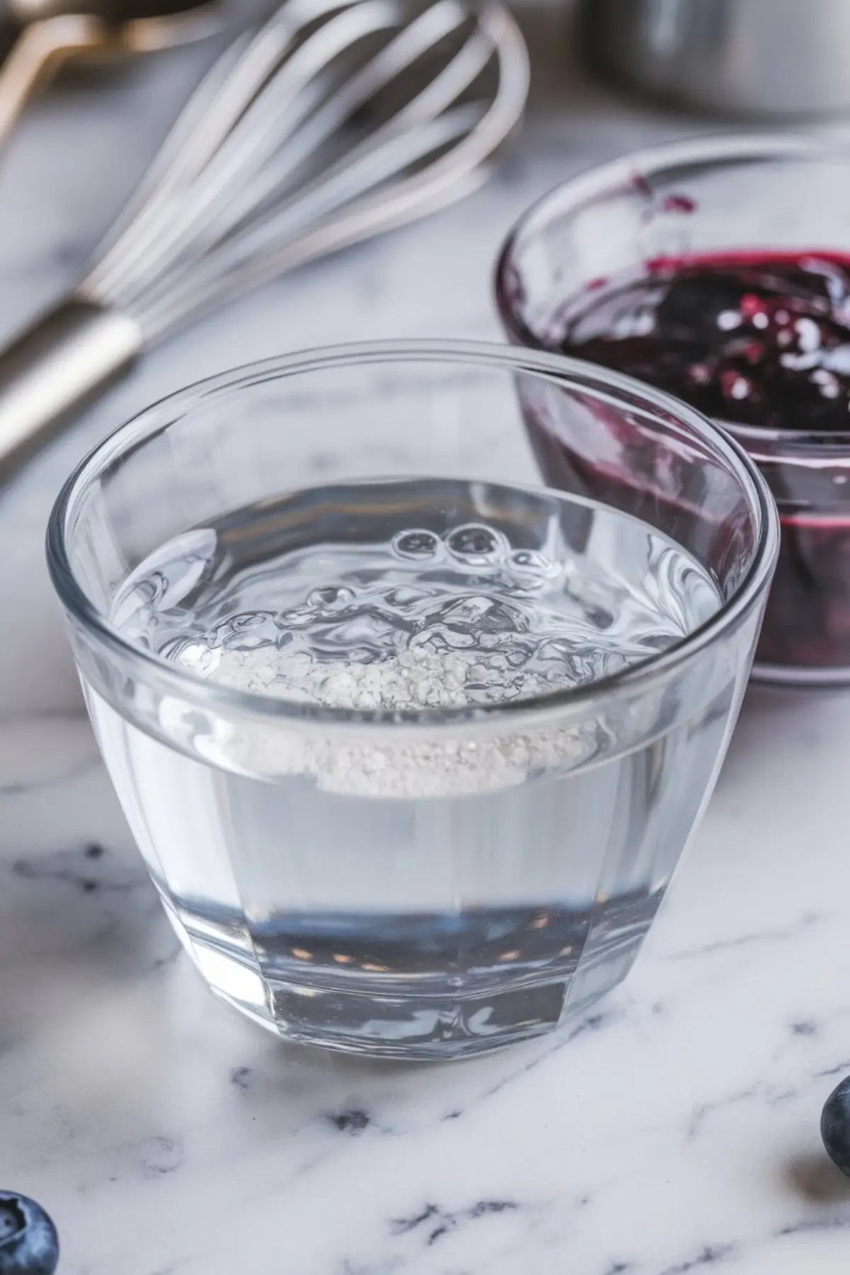 Glass of water with gelatin powder sprinkled on top, set on a marble counter near a bowl of blueberry compote and a metal whisk.