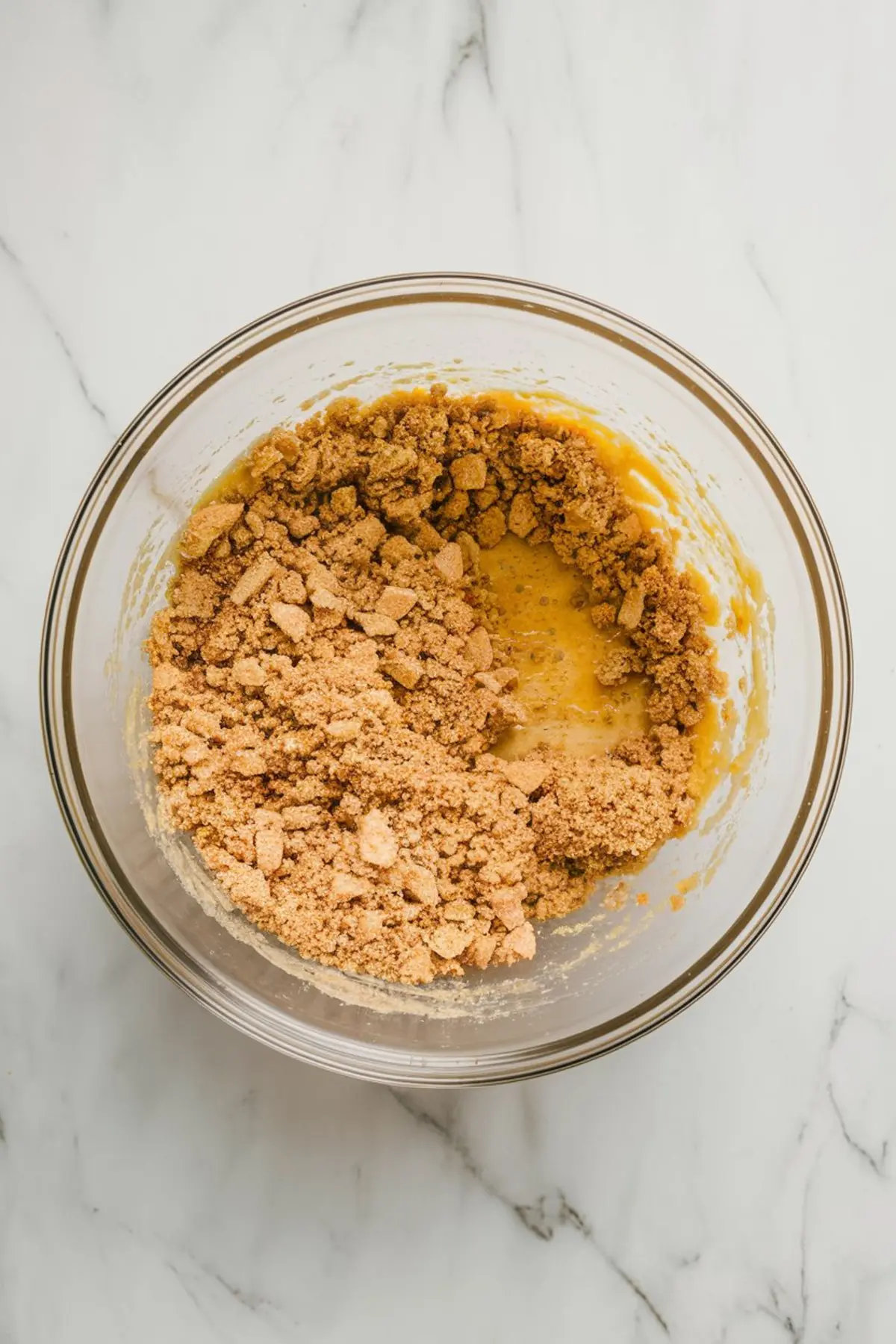 Crushed graham crackers mixed with melted butter in a glass bowl, forming the base for a no-bake dessert, placed on a marble surface.