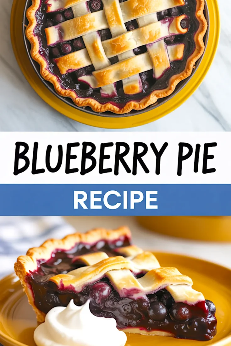 Overhead and angled view collage of a homemade blueberry pie with golden lattice crust, sliced to show thick berry filling, served on a mustard yellow plate with whipped cream.