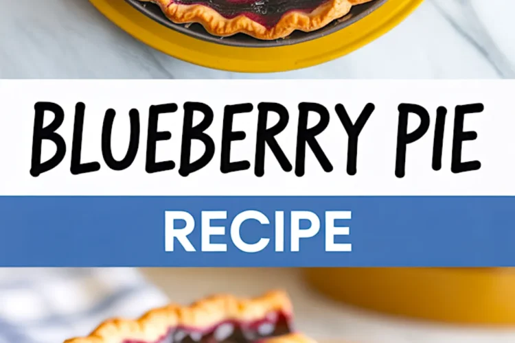 Overhead and angled view collage of a homemade blueberry pie with golden lattice crust, sliced to show thick berry filling, served on a mustard yellow plate with whipped cream.