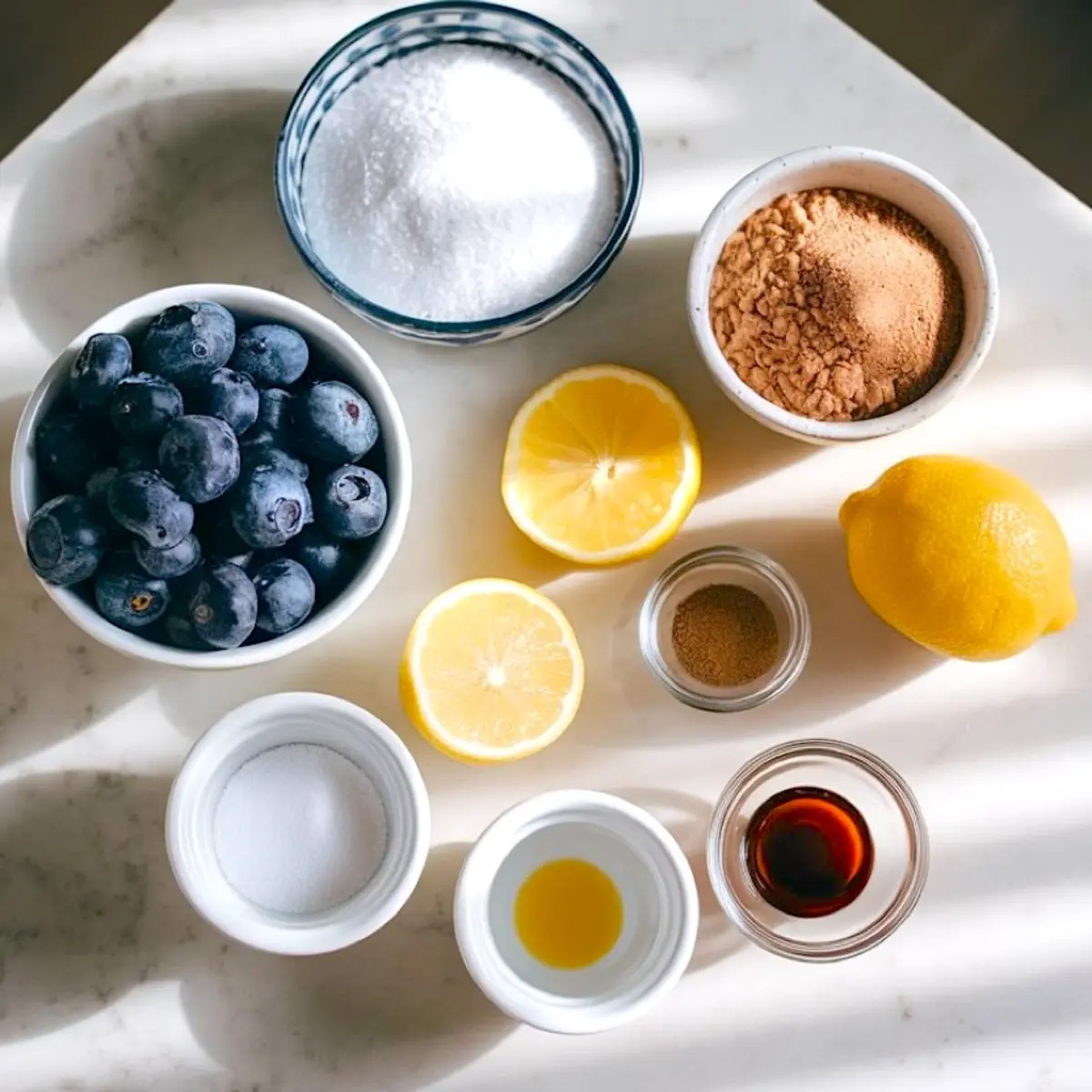 Assorted blueberry pie ingredients on a countertop including fresh blueberries, granulated sugar, brown sugar, lemon halves, vanilla extract, lemon juice, cornstarch, and ground cinnamon.