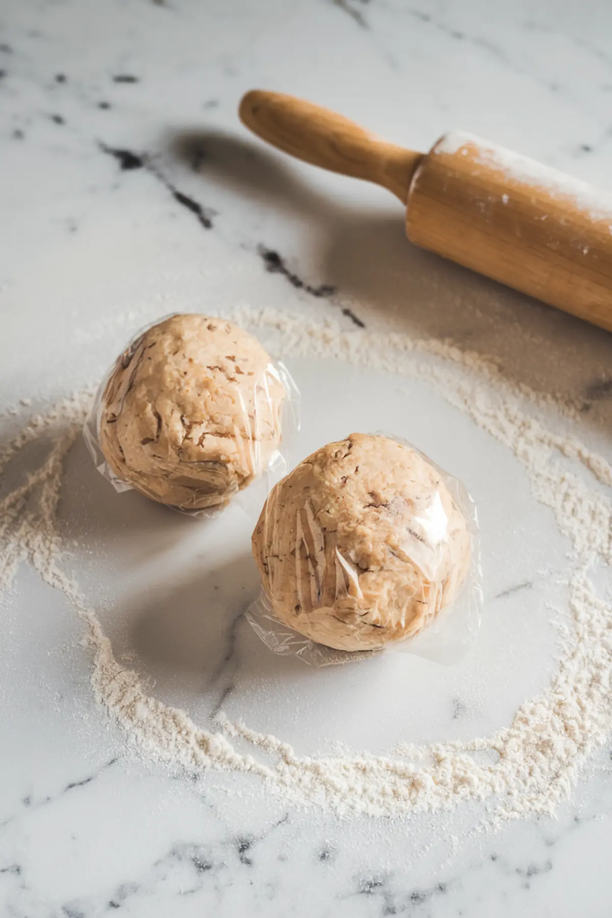 Two plastic-wrapped dough balls on a floured marble surface with a wooden rolling pin, prepared for pie crust rolling.