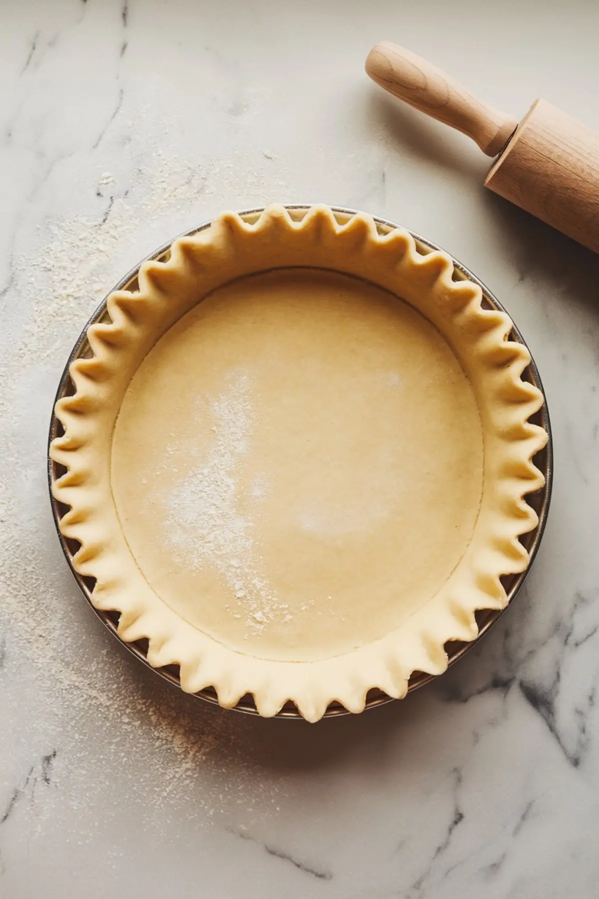 Overhead view of an unbaked pie crust with crimped edges in a metal pie dish on a floured marble surface, next to a wooden rolling pin.