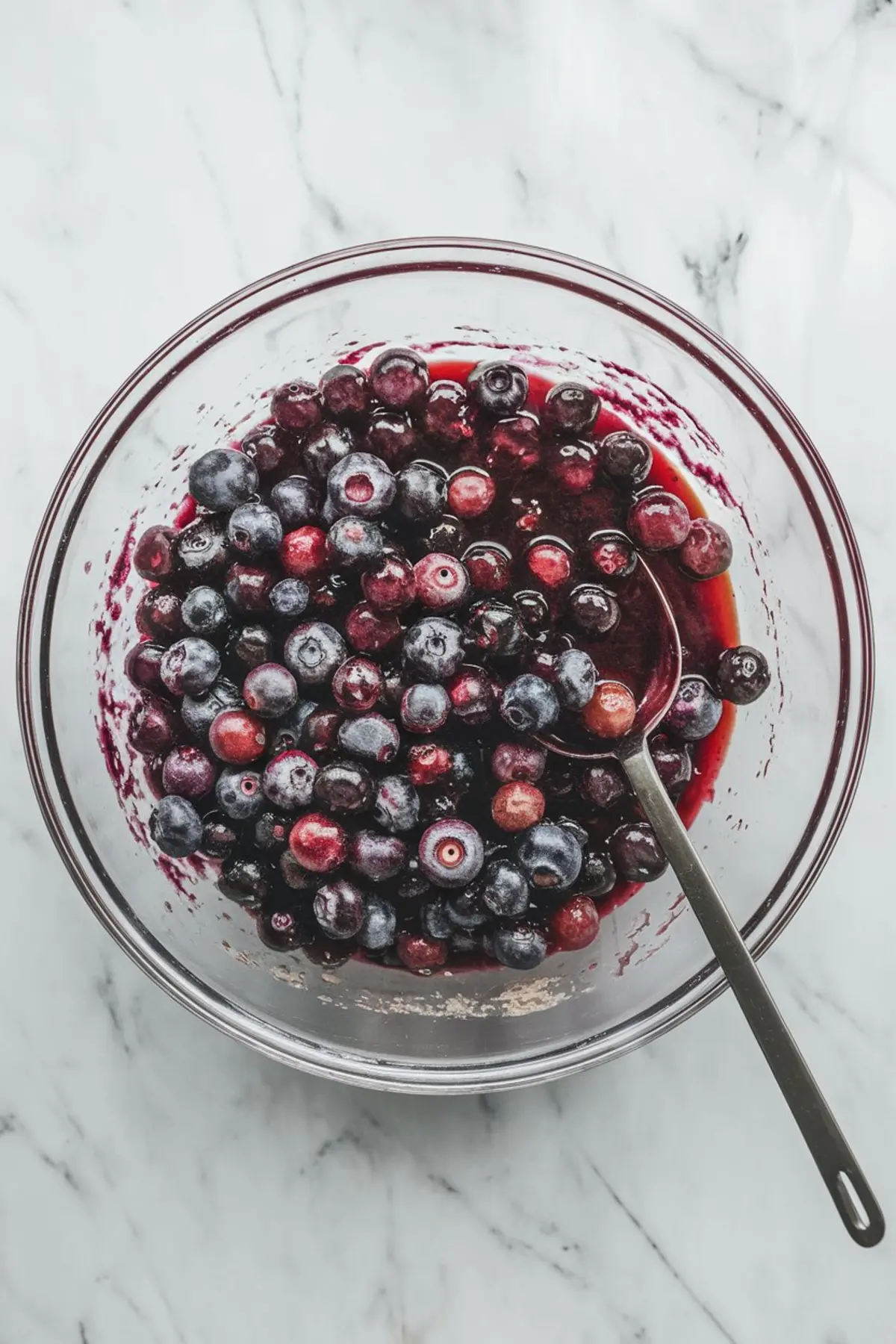 Glass bowl filled with fresh blueberries mixed with sugar and juice, ready for pie filling, with a metal spoon resting inside.