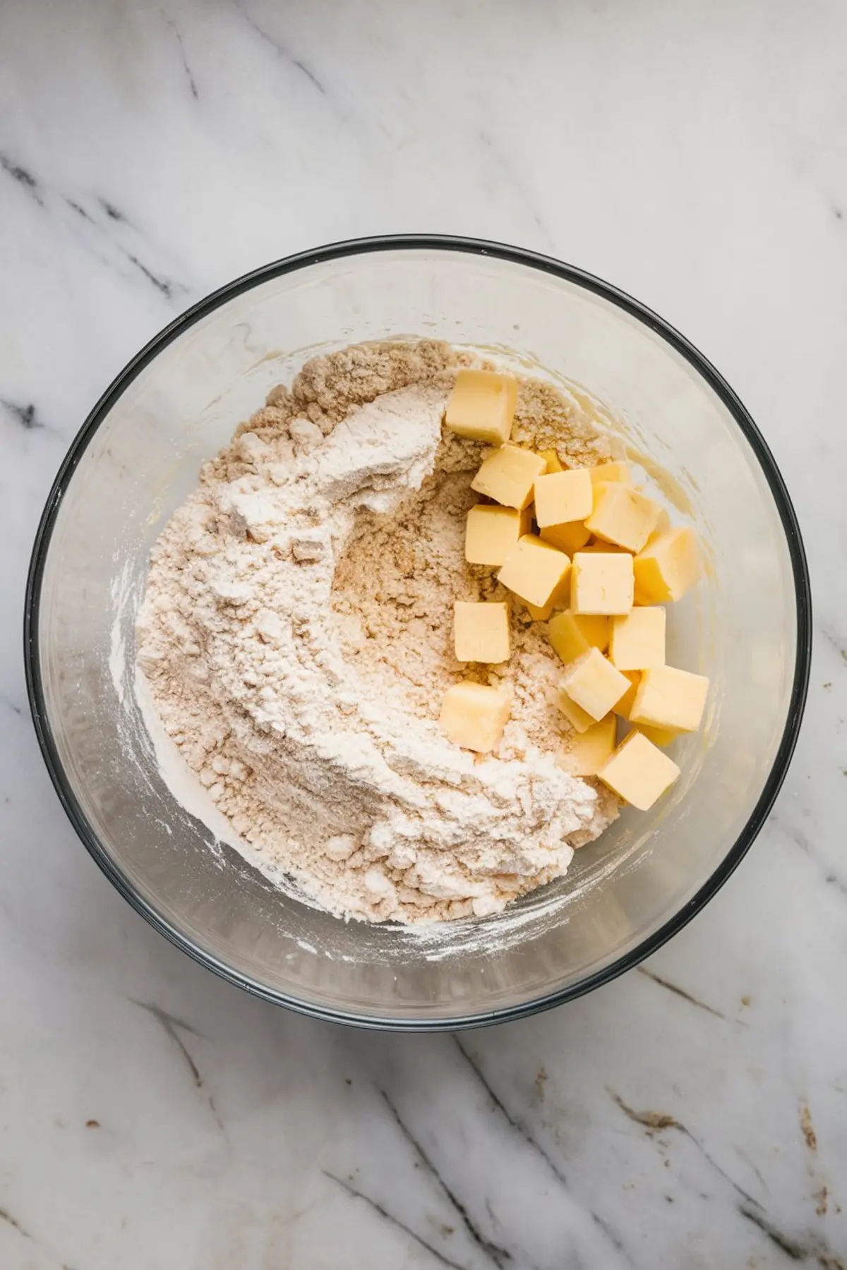 Mixing bowl with all-purpose flour and cubed butter, ready to be blended into pie dough for homemade crust.