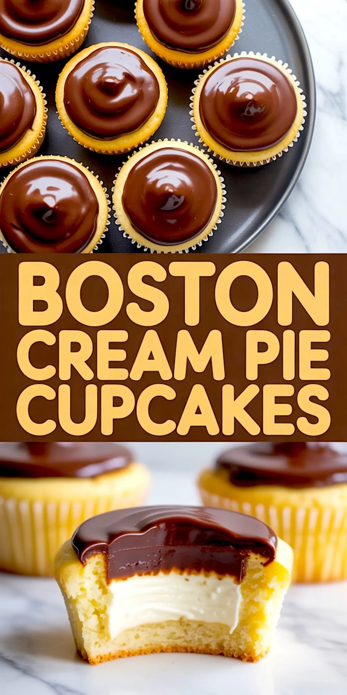 Overhead image of glossy ganache-topped cupcakes arranged on a round plate, with “Boston Cream Pie Cupcakes” text overlay and a halved cupcake displaying custard inside.