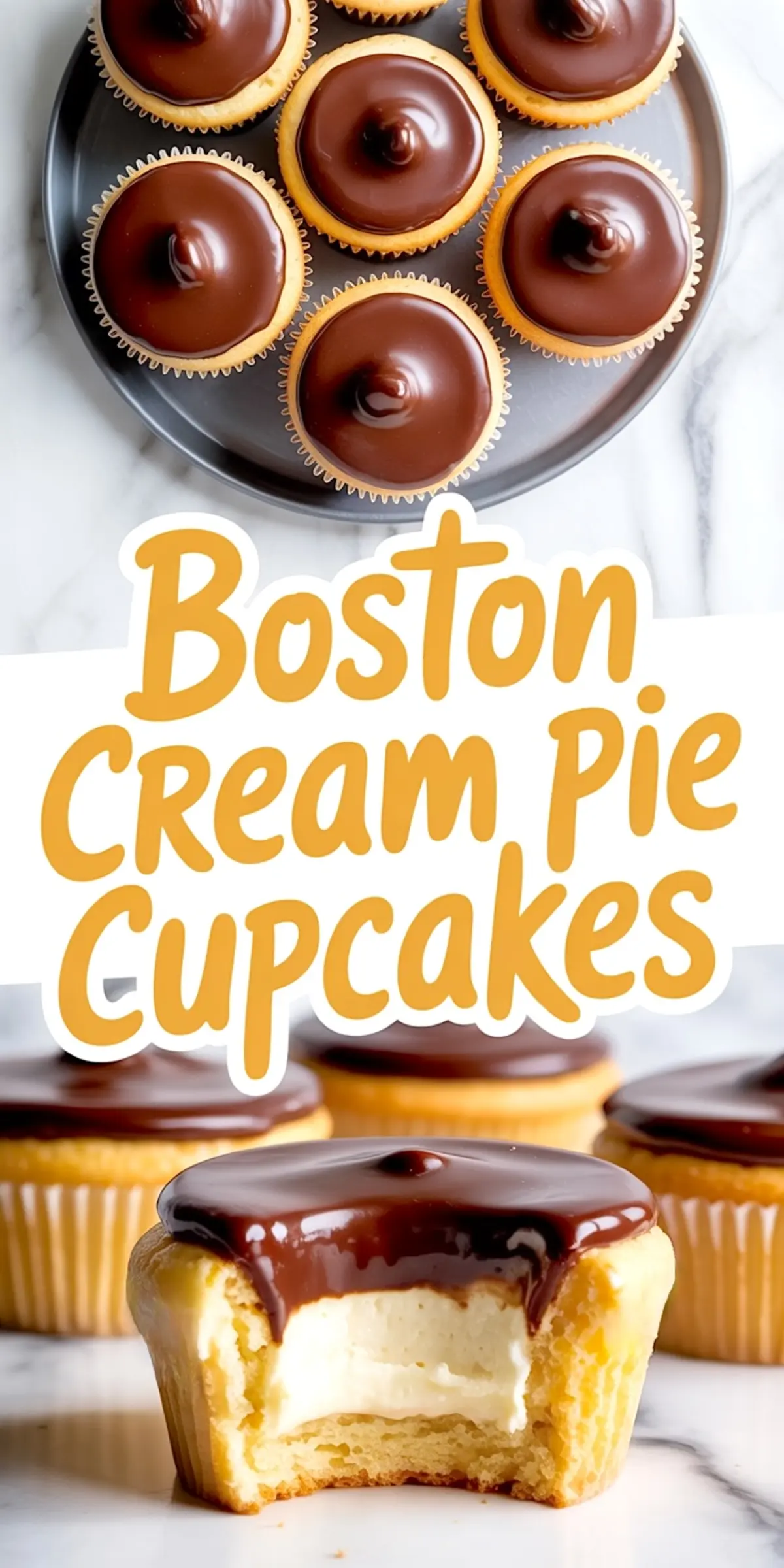 Top view of ganache-covered Boston cream pie cupcakes on a plate, text overlay reading “Boston Cream Pie Cupcakes,” with a cut cupcake showing vanilla custard center.
