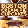 Flat lay of chocolate-glazed cupcakes on a plate with bold “Boston Cream Pie Cupcakes” text overlay, and a close-up of a cupcake cut open to show creamy custard filling.