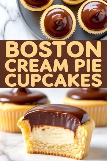 Flat lay of chocolate-glazed cupcakes on a plate with bold “Boston Cream Pie Cupcakes” text overlay, and a close-up of a cupcake cut open to show creamy custard filling.