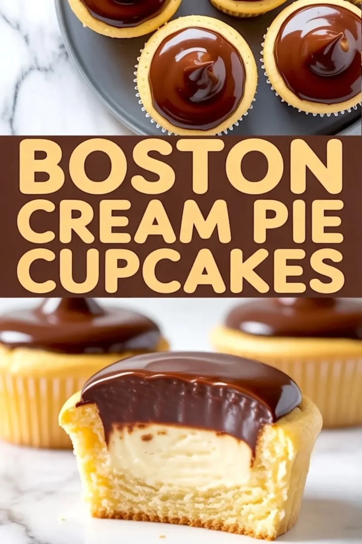Flat lay of chocolate-glazed cupcakes on a plate with bold “Boston Cream Pie Cupcakes” text overlay, and a close-up of a cupcake cut open to show creamy custard filling.