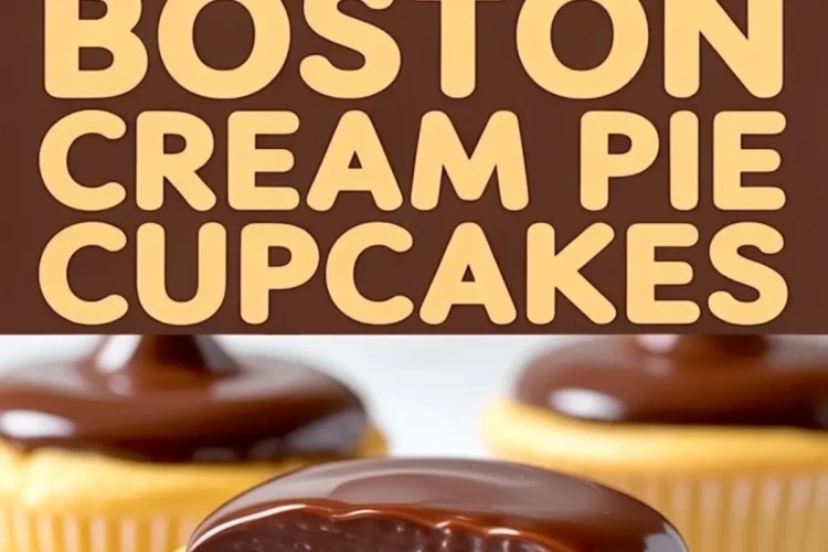 Flat lay of chocolate-glazed cupcakes on a plate with bold “Boston Cream Pie Cupcakes” text overlay, and a close-up of a cupcake cut open to show creamy custard filling.
