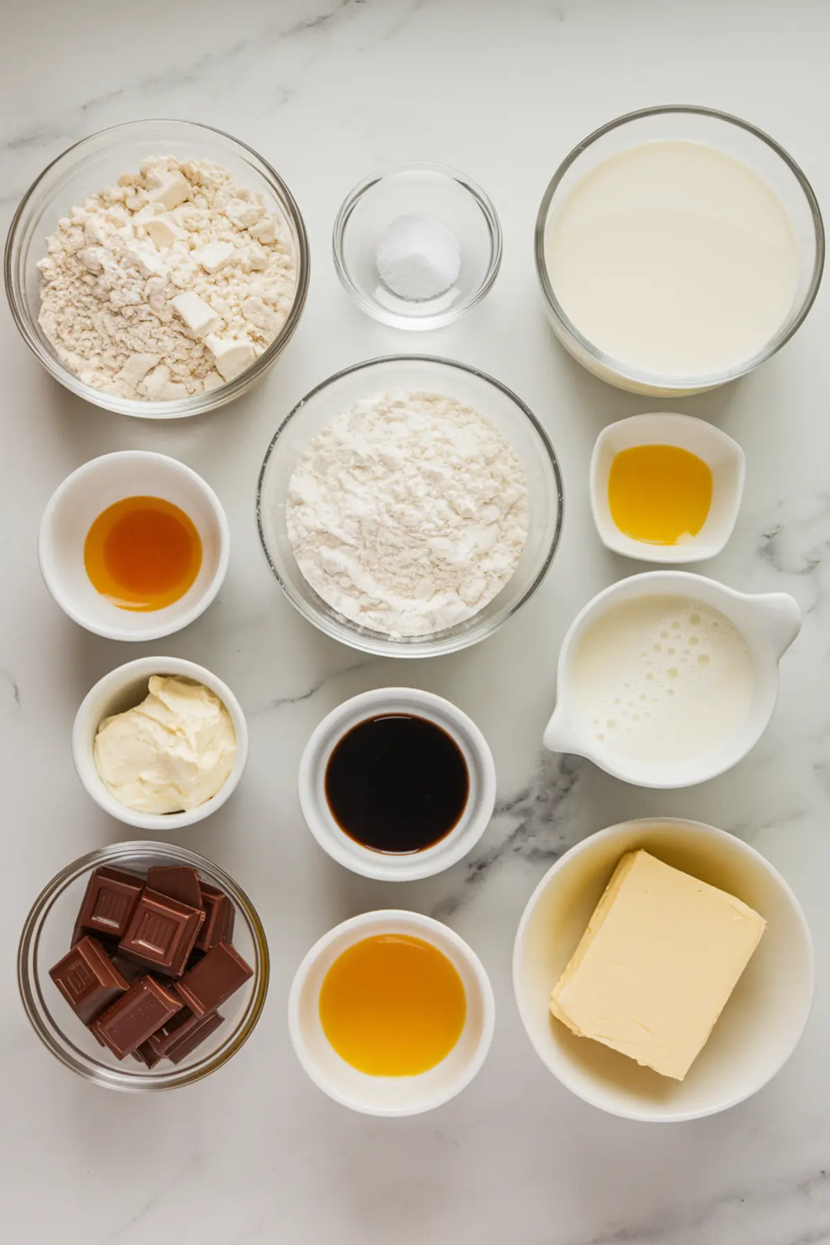 Overhead view of assorted baking ingredients in small glass and ceramic bowls on a marble surface, including flour, sugar, butter, chocolate, cream, vanilla, and milk for homemade Boston cream pie cupcakes.
