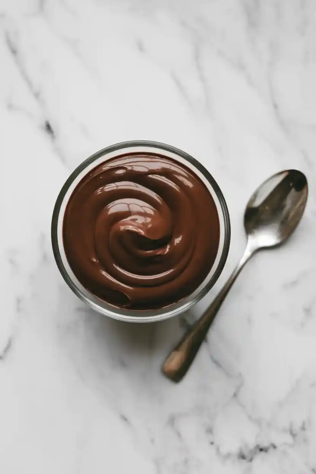 Glass bowl filled with glossy chocolate ganache and a spoon on the side, perfect for topping Boston cream pie cupcakes with a rich chocolate layer.