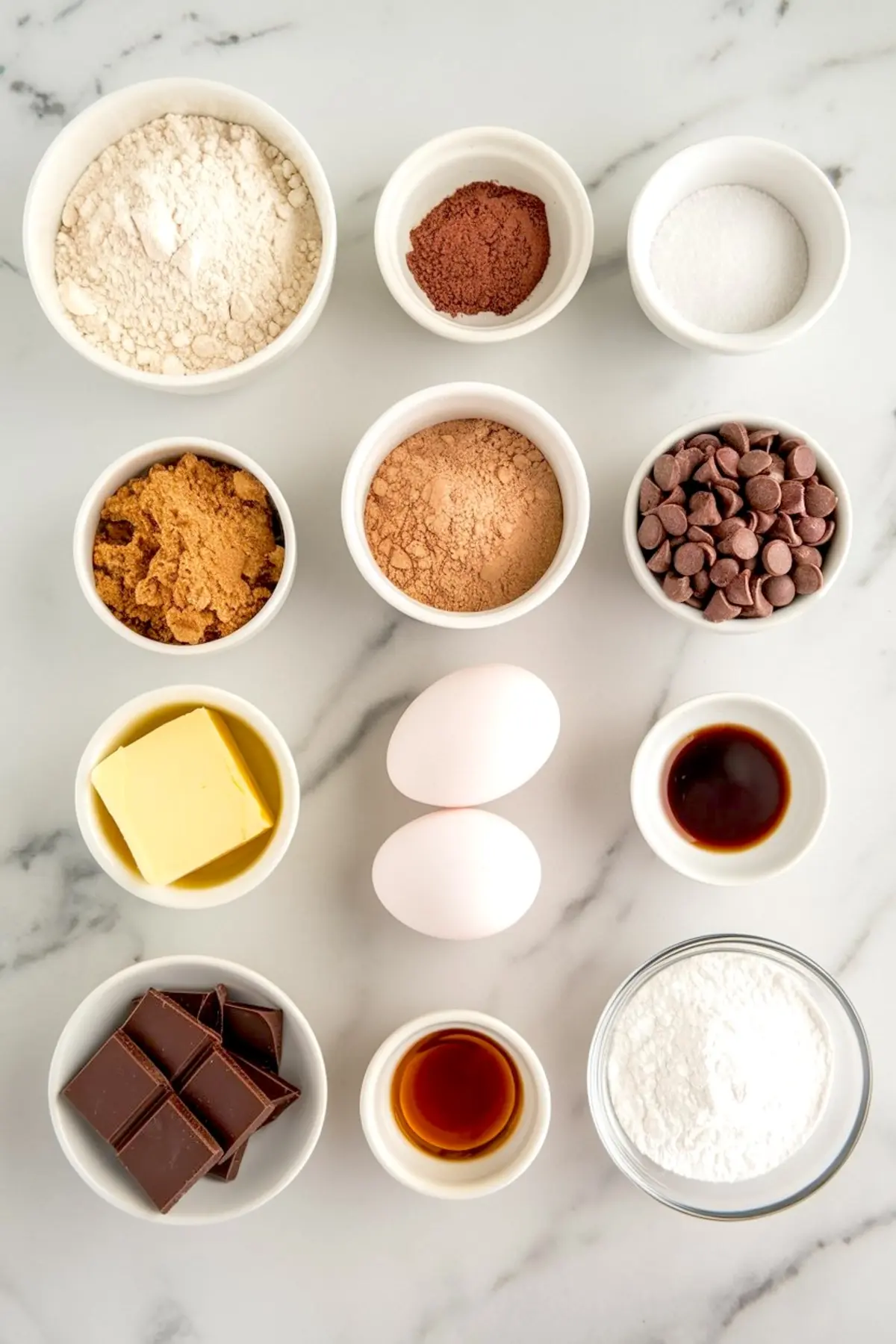 Measured ingredients for brownie crinkle cookies—flour, cocoa, sugars, chocolate chips, butter, eggs, vanilla, powdered sugar—sit arranged in white bowls on marble.