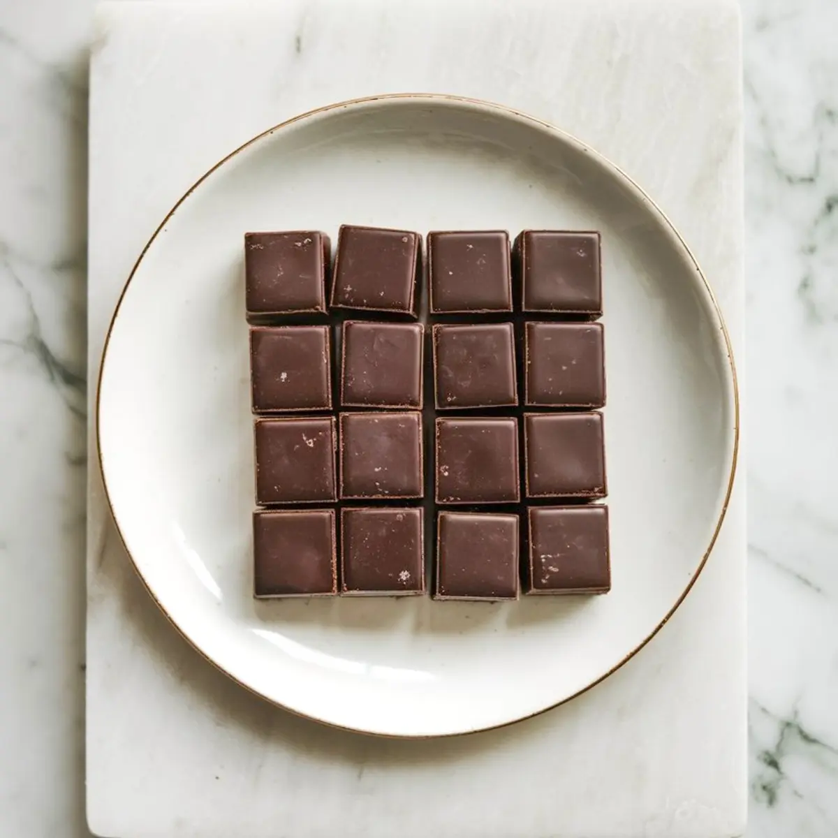 Dark chocolate squares rest in a tidy grid on a white porcelain plate over a marble board, highlighting rich brownie crinkle cookie chocolate.