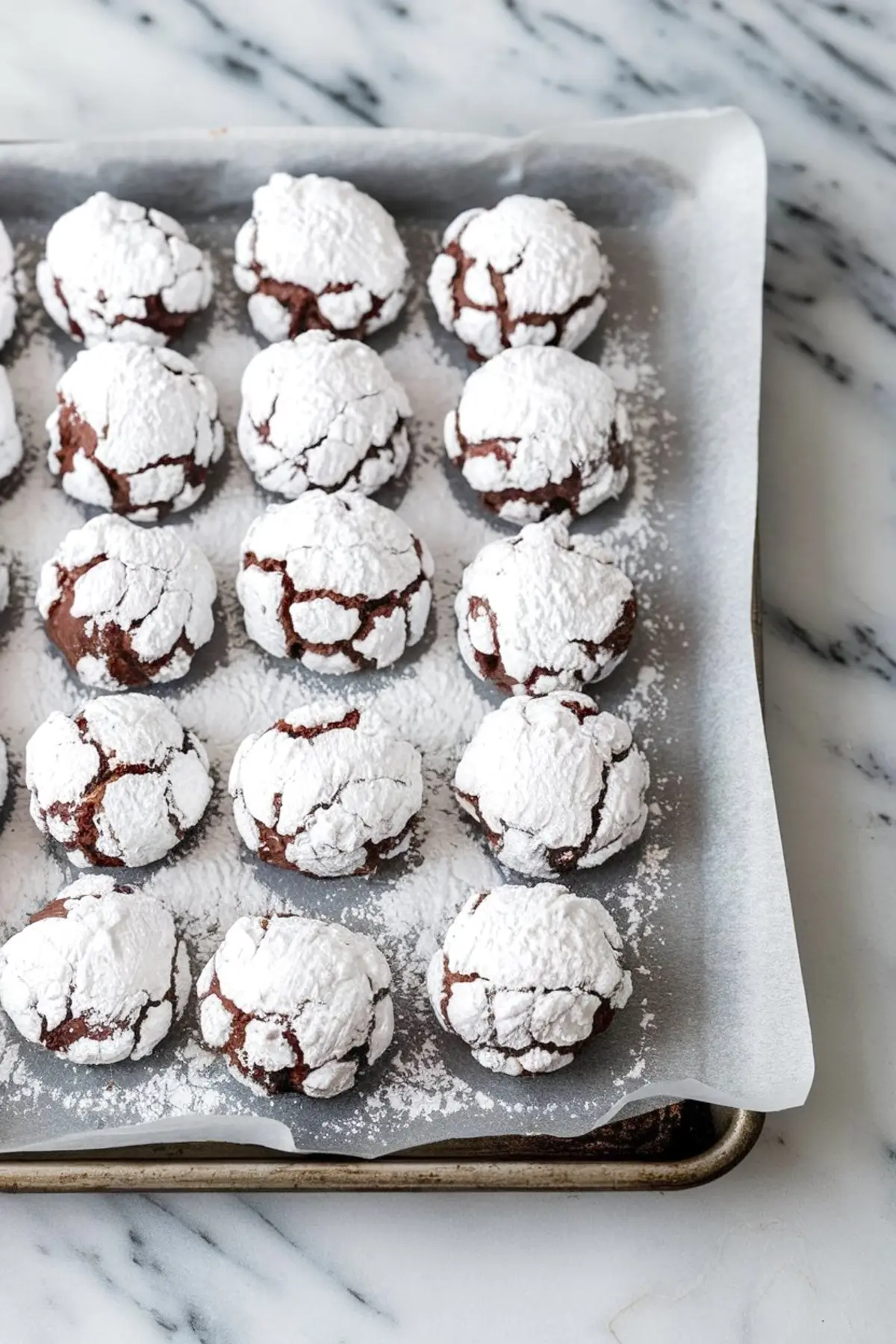 Fresh brownie crinkle cookies coated in snowy powdered sugar cool on a parchment-lined tray, their crackle tops prominent.