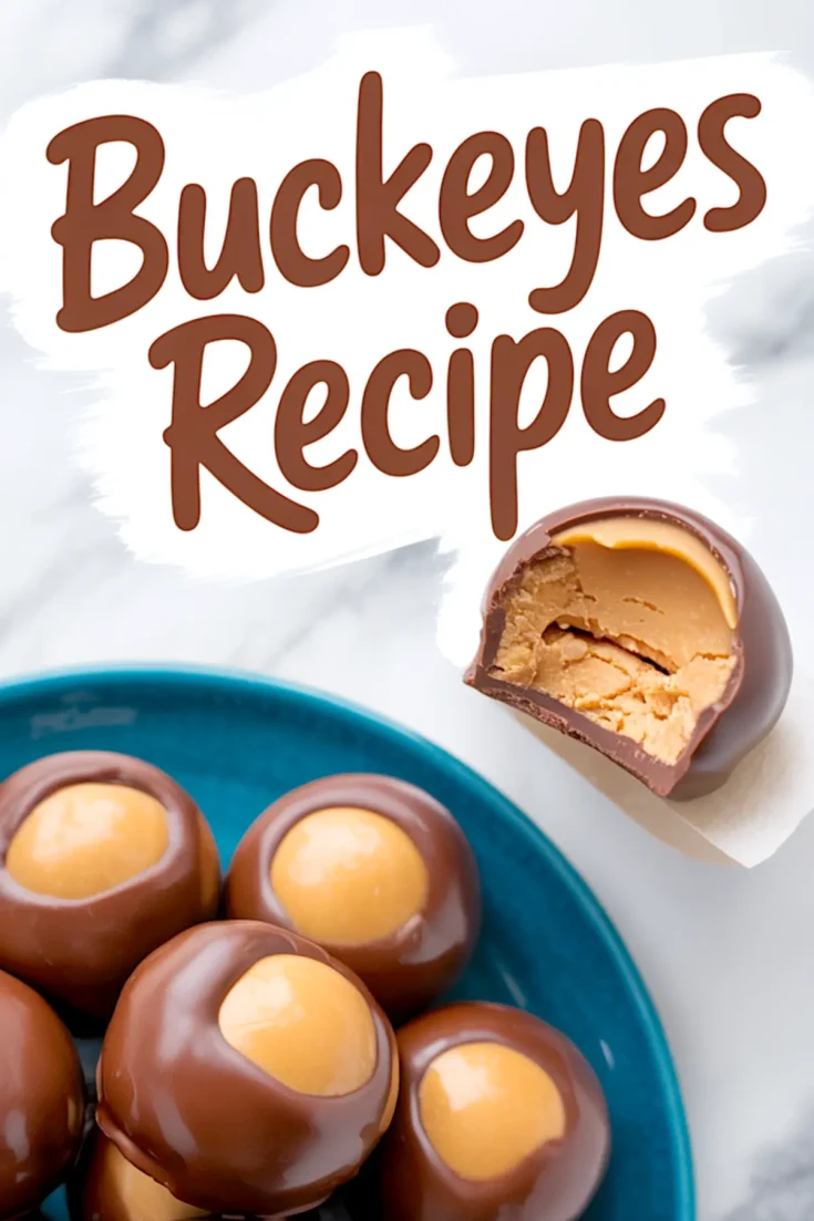 Buckeye candies on a blue plate, with one candy bitten open showing smooth peanut butter filling, topped with large “Buckeyes Recipe” text on a white background.
