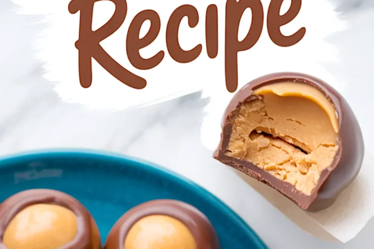 Buckeye candies on a blue plate, with one candy bitten open showing smooth peanut butter filling, topped with large “Buckeyes Recipe” text on a white background.