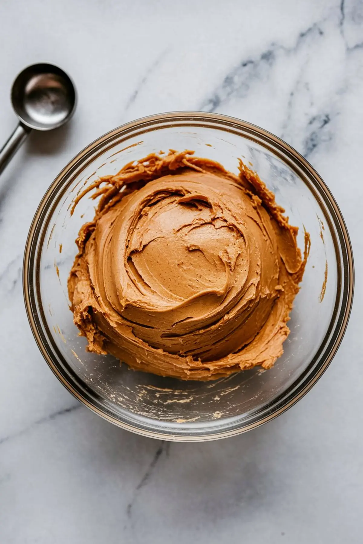 Glass bowl filled with creamy peanut butter mixture, swirled and smooth, sitting on a marble countertop with a metal measuring spoon nearby.
