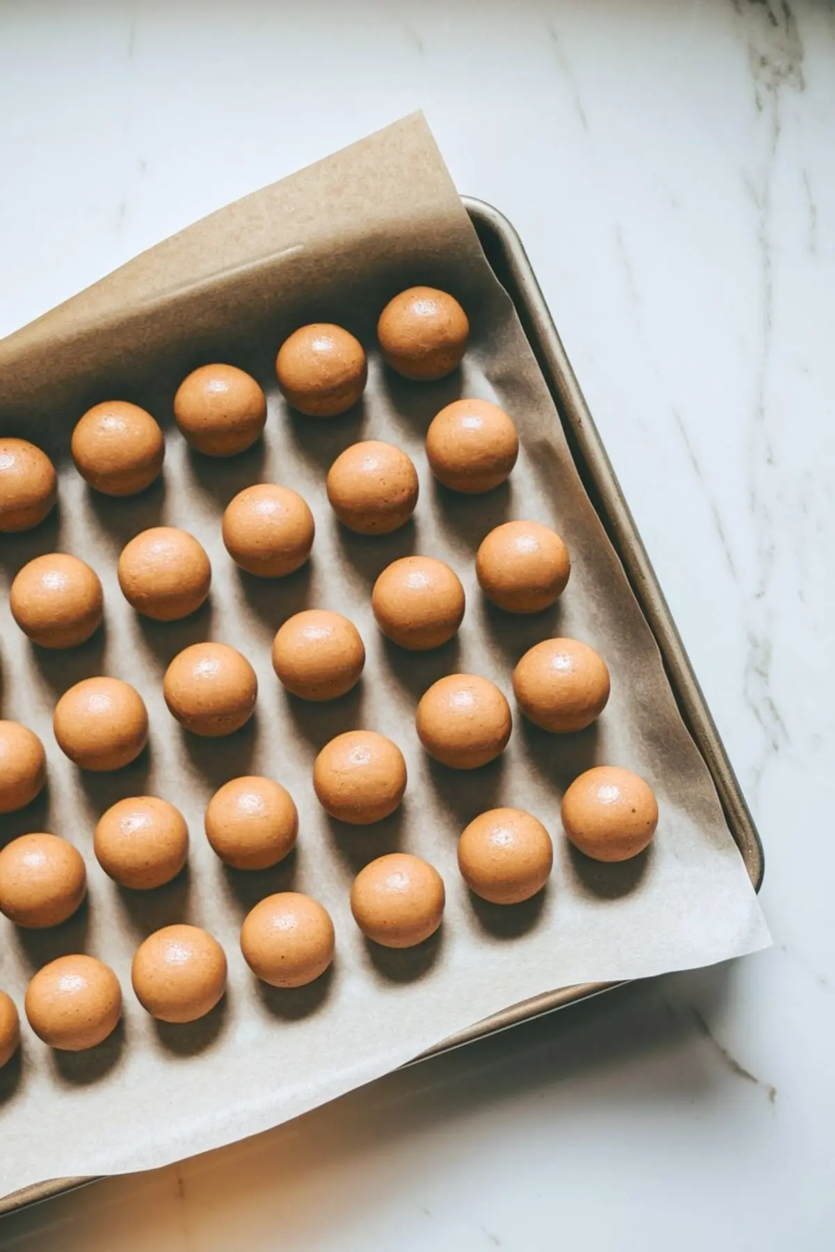 Baking tray lined with parchment paper holding rows of round peanut butter balls, evenly spaced and ready for dipping.
