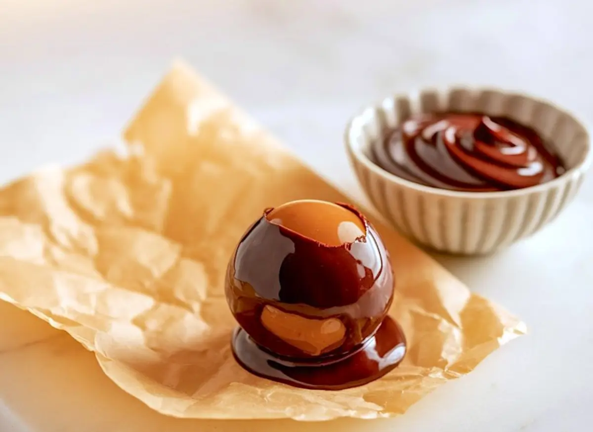 Single peanut butter ball partially dipped in glossy melted chocolate, resting on crinkled parchment paper, with a small bowl of melted chocolate in the background.
