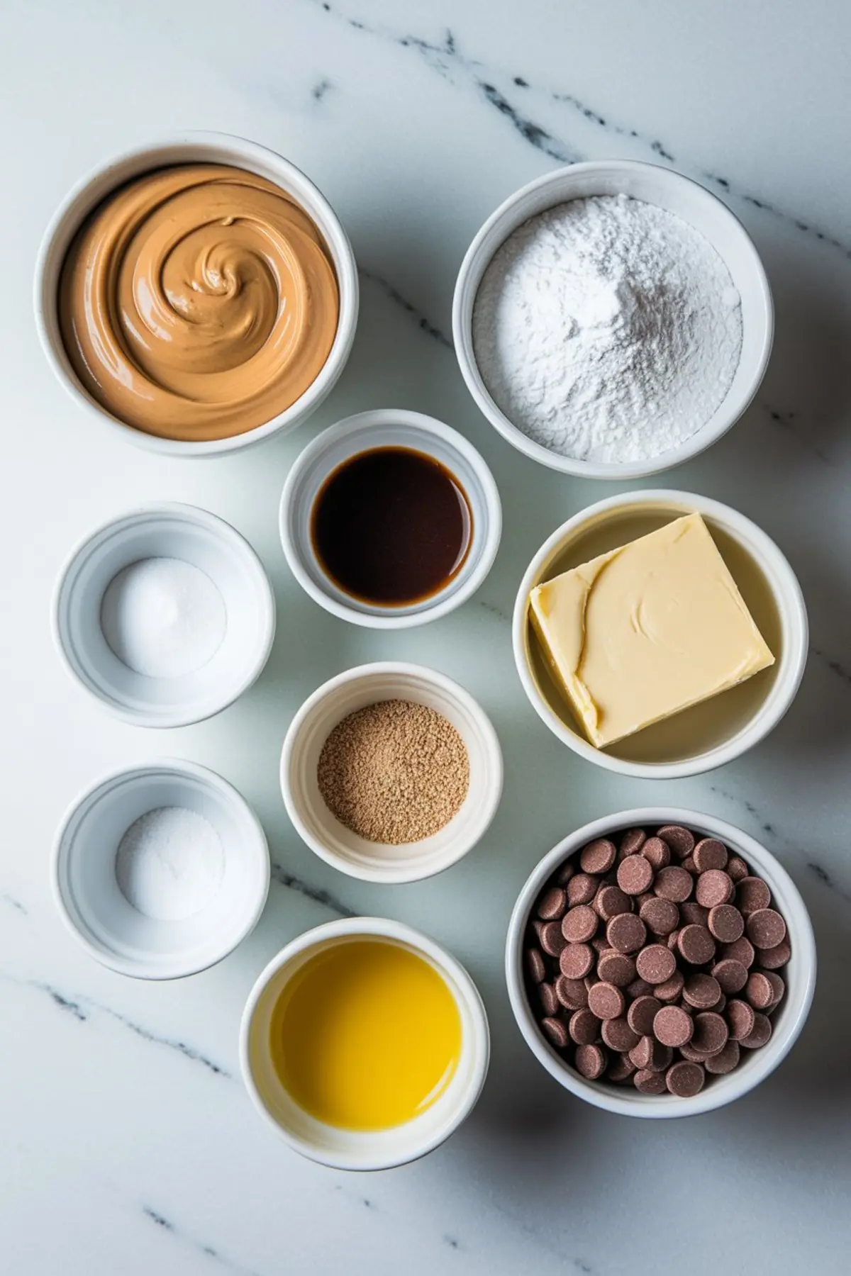 Flat lay of measured ingredients in white bowls on a marble surface, including peanut butter, powdered sugar, butter, vanilla extract, salt, brown sugar, vegetable oil, and chocolate chips.
