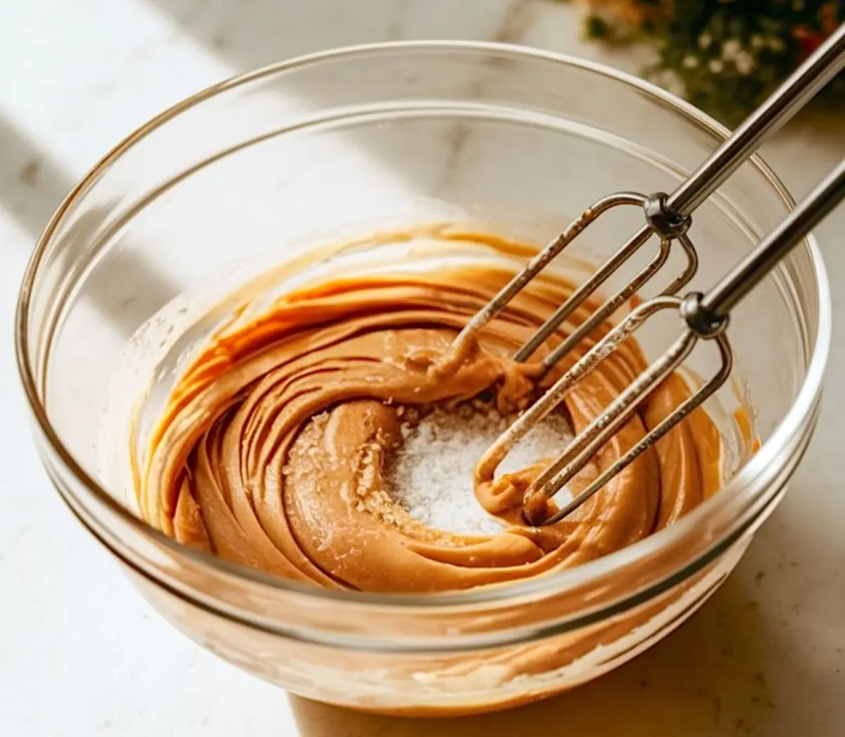 Peanut butter mixture being blended with electric beaters in a glass bowl, with visible granulated sugar sprinkled on top of the creamy mixture.
