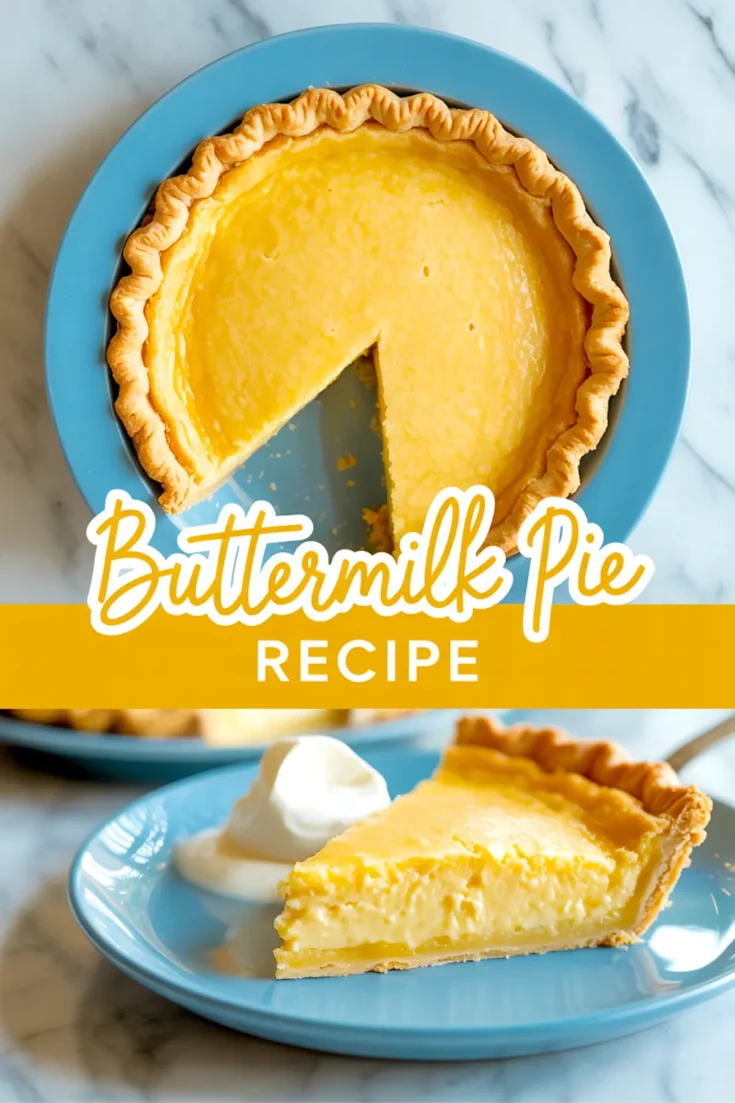 Vertical collage showing a baked buttermilk pie with a missing slice and the words “Buttermilk Pie Recipe,” along with a close-up of a pie slice on a blue plate, served with whipped cream.