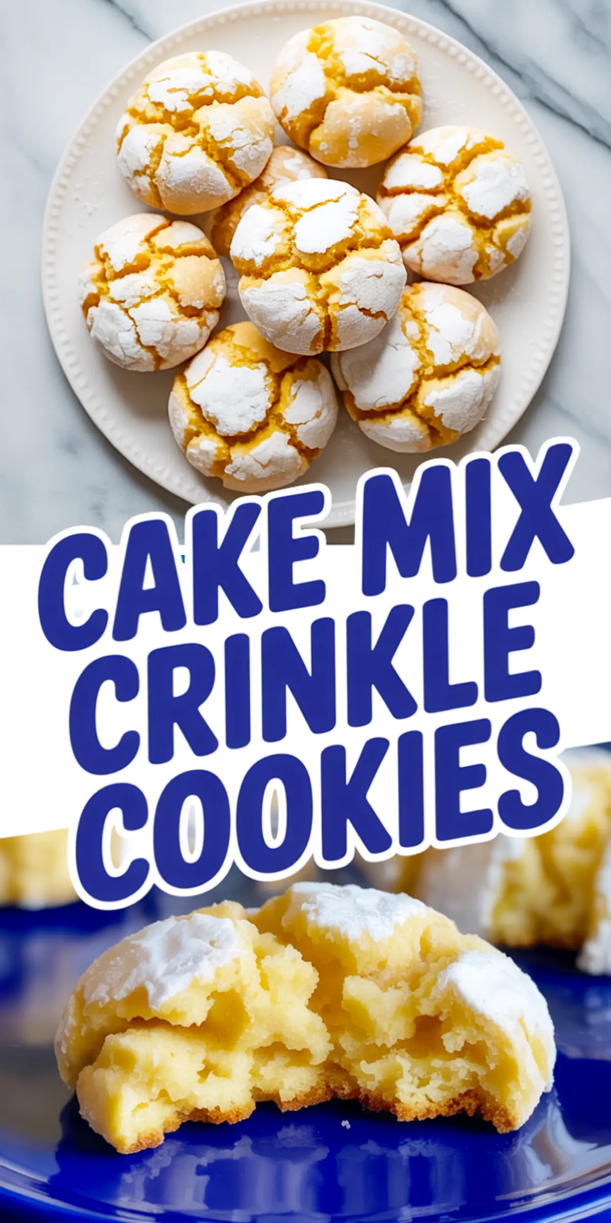 Plate of golden yellow crinkle cookies dusted with powdered sugar, with bold blue text overlay reading “Cake Mix Crinkle Cookies” and a close-up of a broken cookie on a blue plate.
