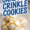 Top view of a white bowl filled with powdered sugar-dusted yellow crinkle cookies with bold text overlay reading “Cake Mix Crinkle Cookies.”