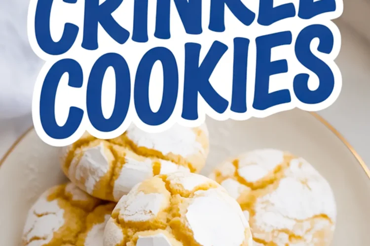 Top view of a white bowl filled with powdered sugar-dusted yellow crinkle cookies with bold text overlay reading “Cake Mix Crinkle Cookies.”