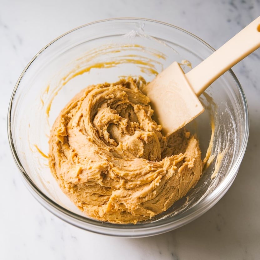 Glass mixing bowl filled with thick yellow cake mix cookie dough and a cream-colored spatula resting inside, on a white marble surface.
