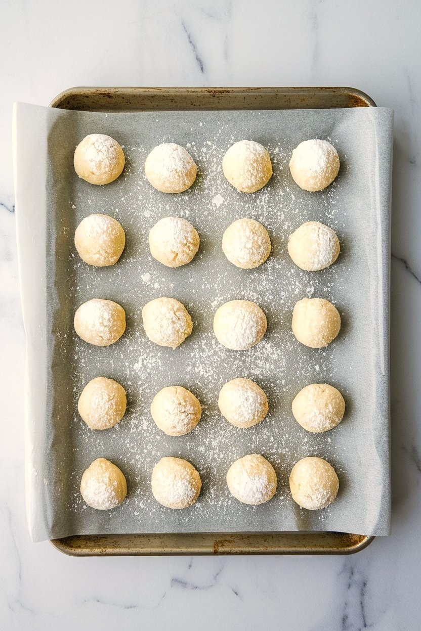 Unbaked cake mix cookie dough balls arranged in neat rows on a parchment-lined baking tray, dusted with powdered sugar.

