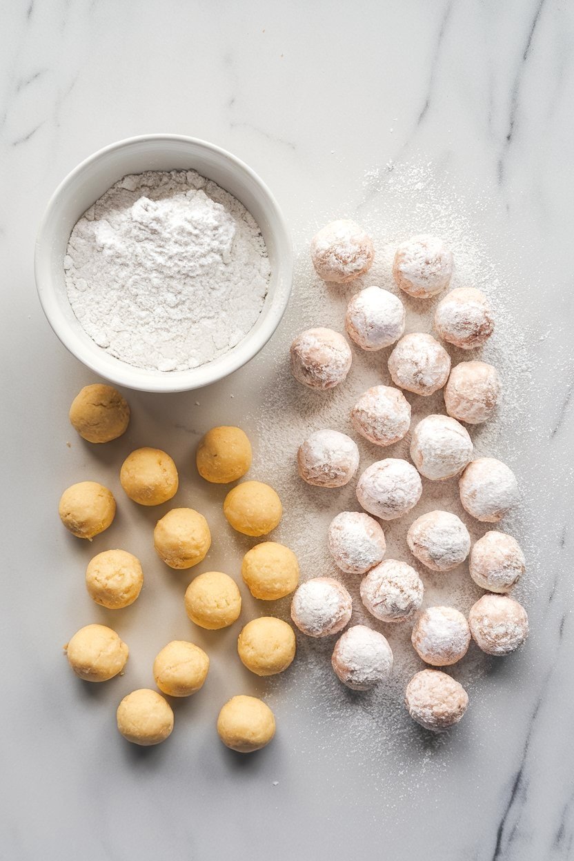 Flat lay of cookie dough balls, some coated with powdered sugar and some plain, next to a bowl of powdered sugar on a white marble counter.
