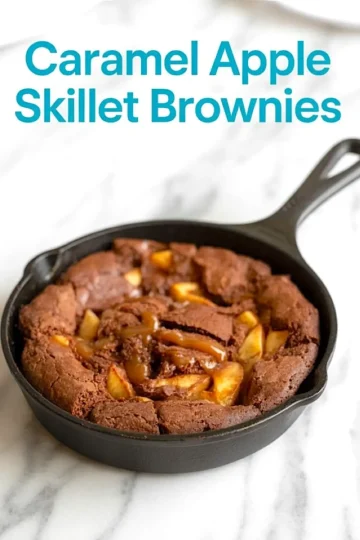Baked caramel apple brownie in a cast iron skillet, topped with caramel drizzle and golden apple chunks, set on a white marble background with clear text overlay.