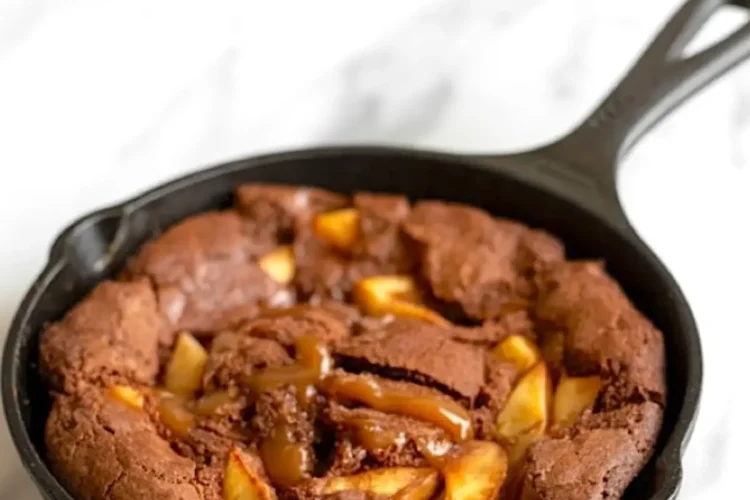 Baked caramel apple brownie in a cast iron skillet, topped with caramel drizzle and golden apple chunks, set on a white marble background with clear text overlay.