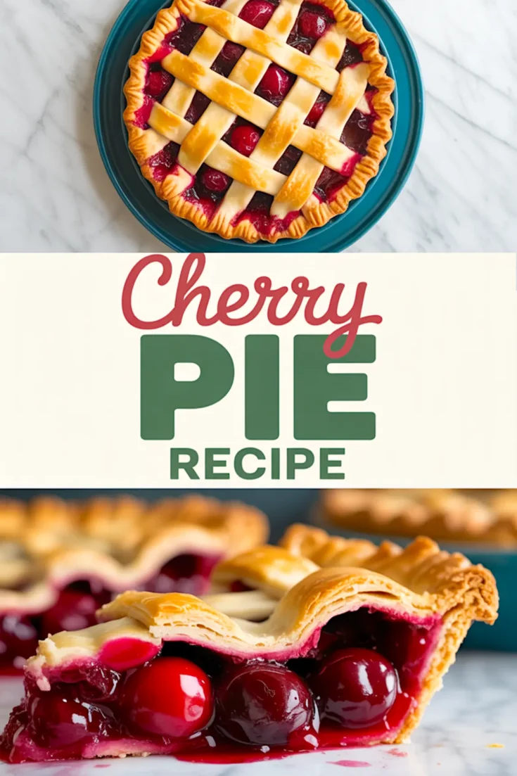 A Pinterest graphic layers a top-down shot of a cherry lattice pie over retro script and block text “Cherry Pie Recipe.” A vivid slice photograph sits below, promoting homemade pie instructions.