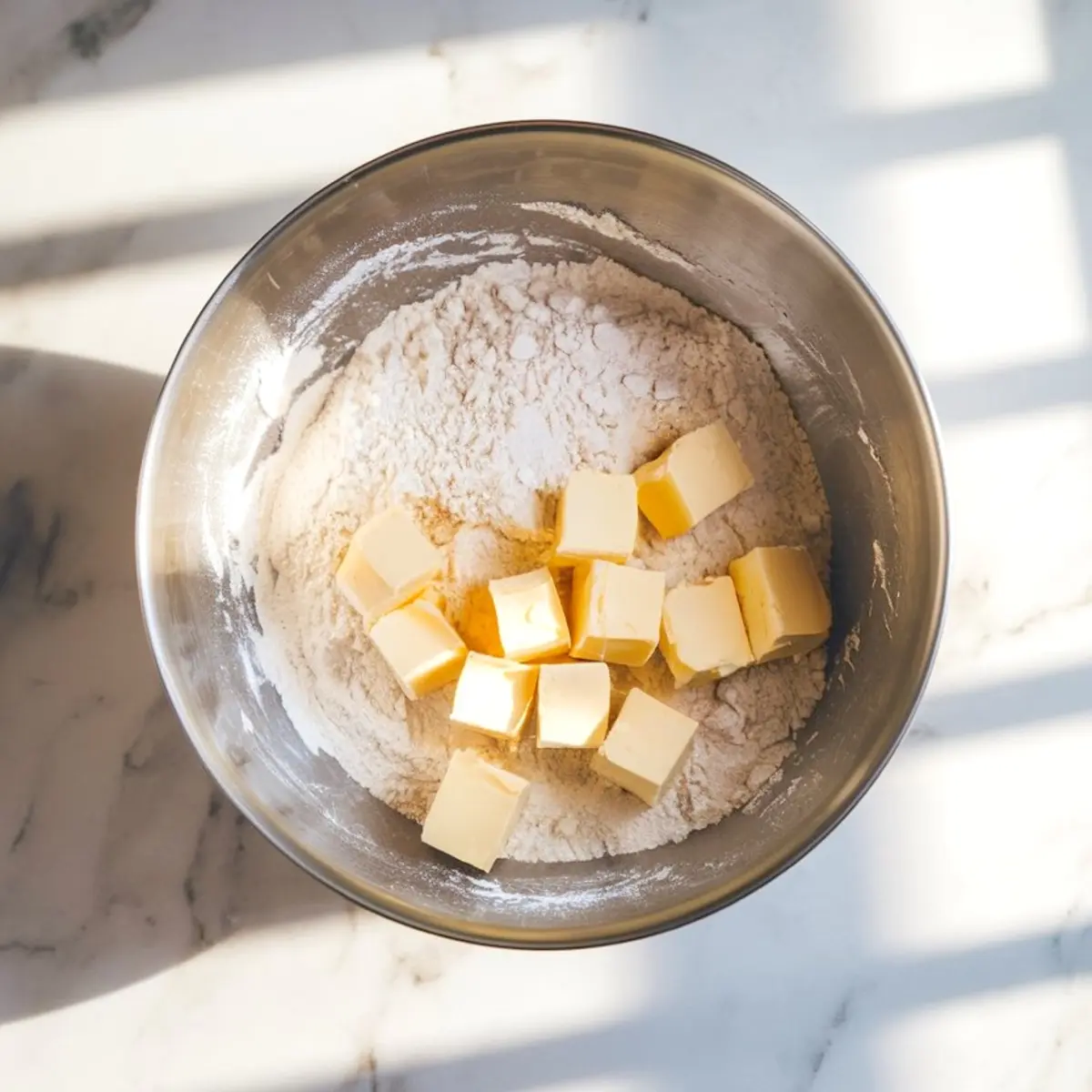 A metal mixing bowl contains all-purpose flour and chilled butter cubes bathed in sunlight. The bowl sits on a marble countertop, capturing the start of flaky pie crust mixing.