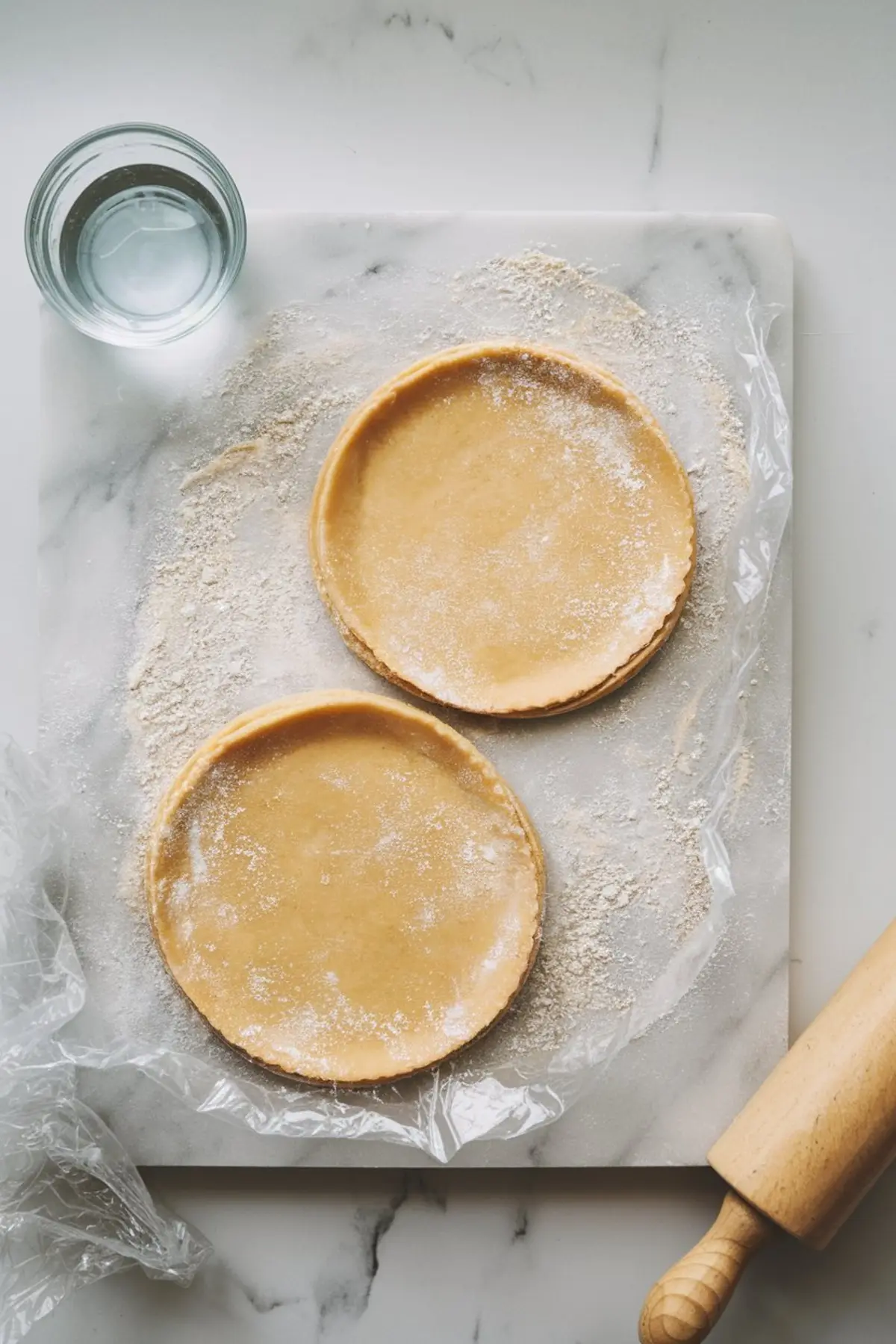 Two unbaked tart shells rest on a marble board sprinkled with flour. A glass of water and a wooden rolling pin frame the dough, showing step-by-step mini pie assembly.
