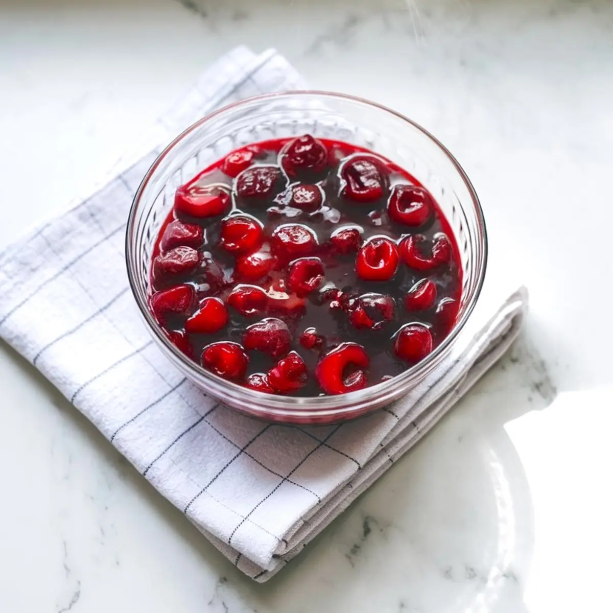 A clear glass bowl holds homemade cherry pie filling with glossy ruby cherries in thick syrup. The bowl sits on a folded white checked tea towel on a bright marble countertop.