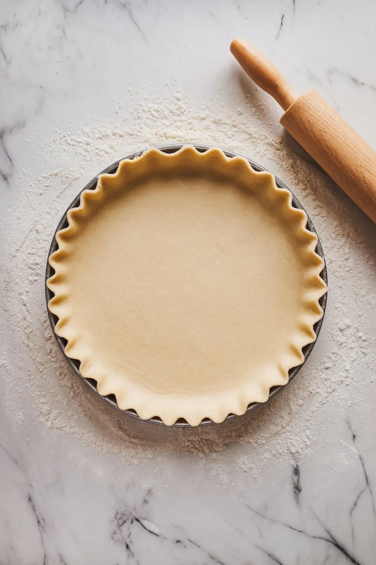 Raw pie dough lines a metal pan and forms a neat fluted crust. The pan rests on a flour-dusted marble surface beside a wooden rolling pin.