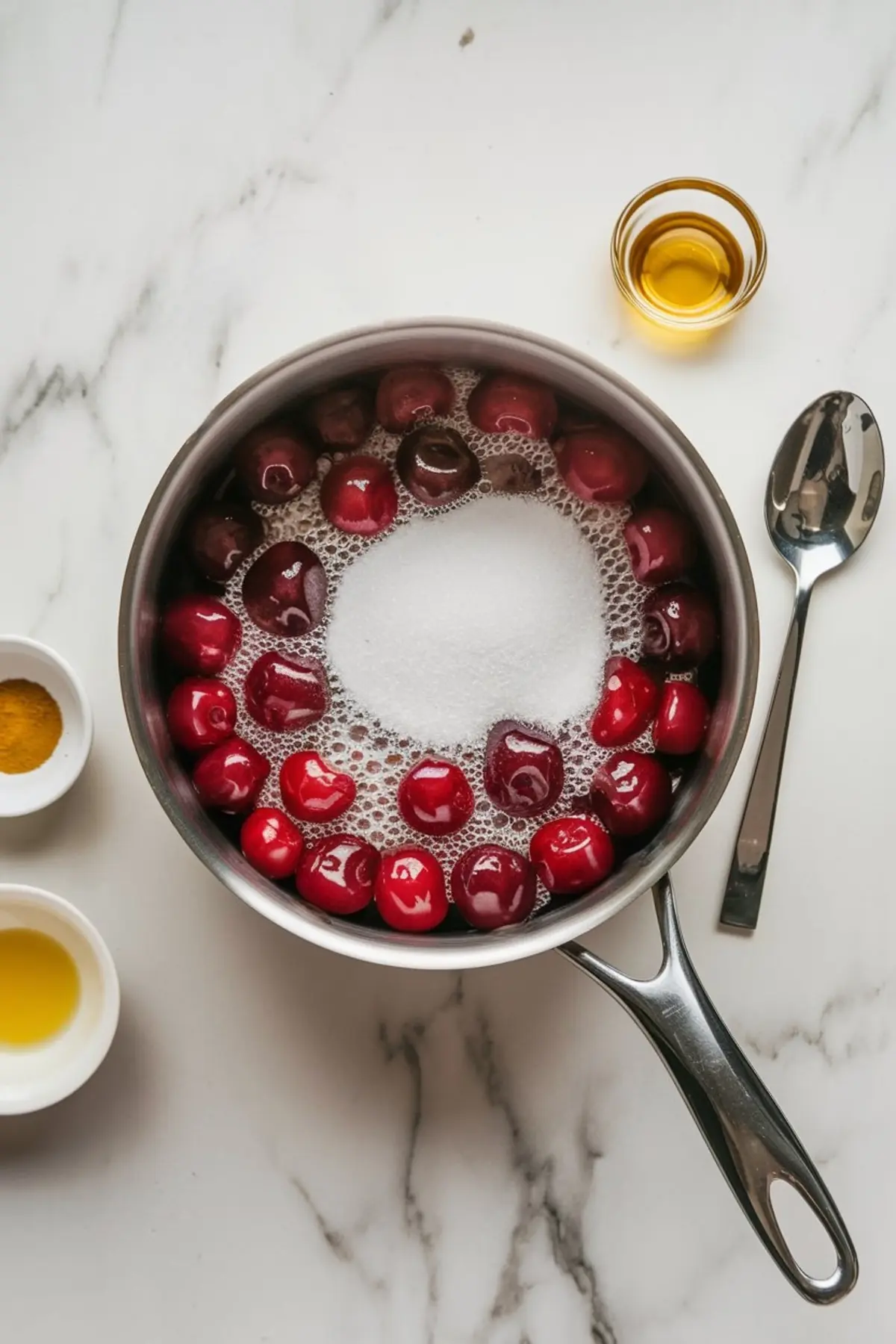A stainless saucepan holds fresh cherries encircling a mound of sugar and bubbling juice. Small bowls of golden extract and spice with a spoon lie nearby, highlighting stovetop cherry filling cooking.