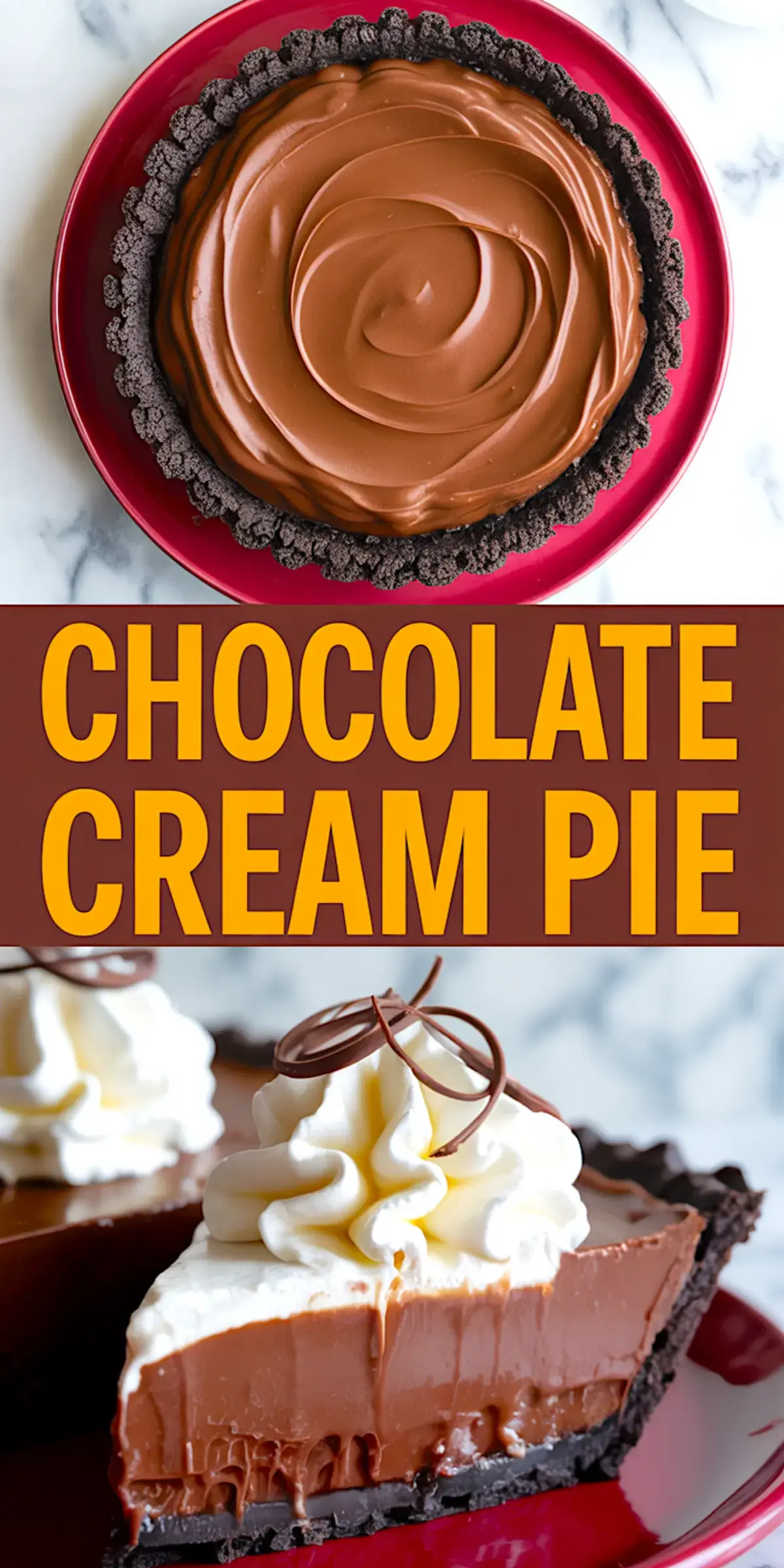 Collage image with a chocolate cream pie on a red plate and a close-up of a slice, featuring thick whipped cream topping and chocolate curl garnish, with bold “Chocolate Cream Pie” text.