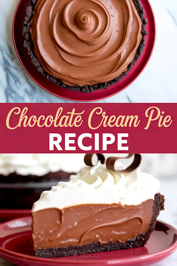 Collage image of a chocolate cream pie and a decorated slice, topped with piped whipped cream and chocolate curls, labeled “Chocolate Cream Pie Recipe” in red and white fonts.