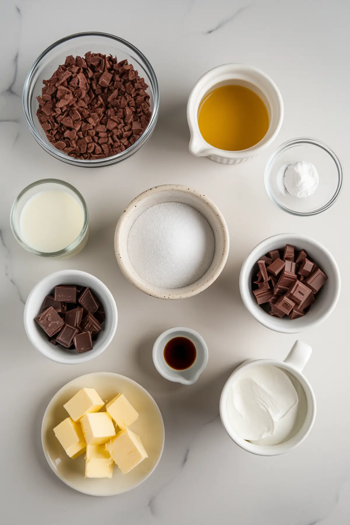 Flat lay of chocolate cream pie ingredients, including chopped chocolate, sugar, milk, butter, vanilla extract, oil, baking powder, and sour cream in small bowls.