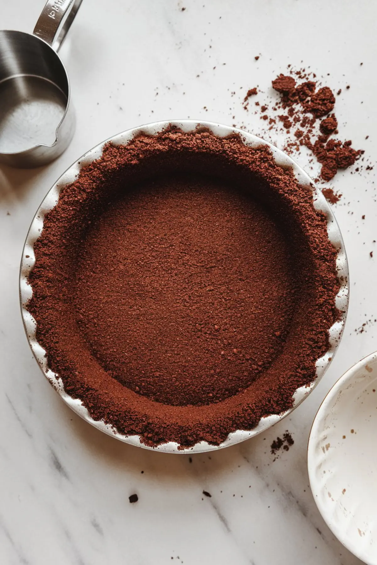Chocolate cookie crust pressed into a ceramic pie dish, surrounded by cocoa crumbs and a metal measuring cup on a white marble countertop.