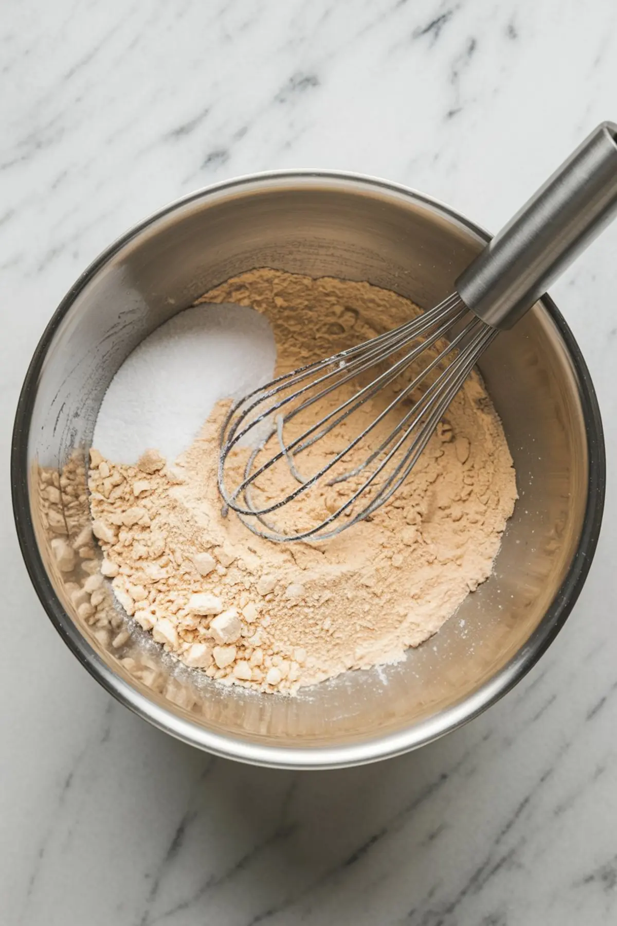 Stainless steel mixing bowl with flour and sugar on a marble surface, featuring a wire whisk resting in the dry ingredients, ready for baking preparation.