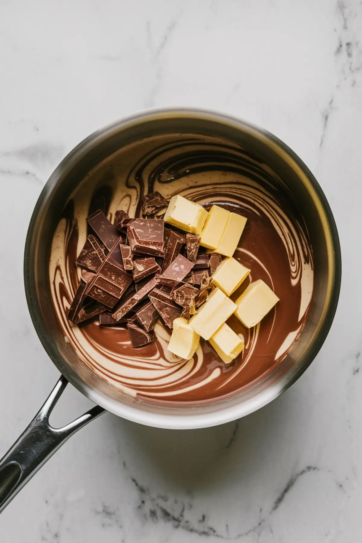 Chunks of dark chocolate and cubes of butter melting in a saucepan, with swirls of melted chocolate forming on the surface.