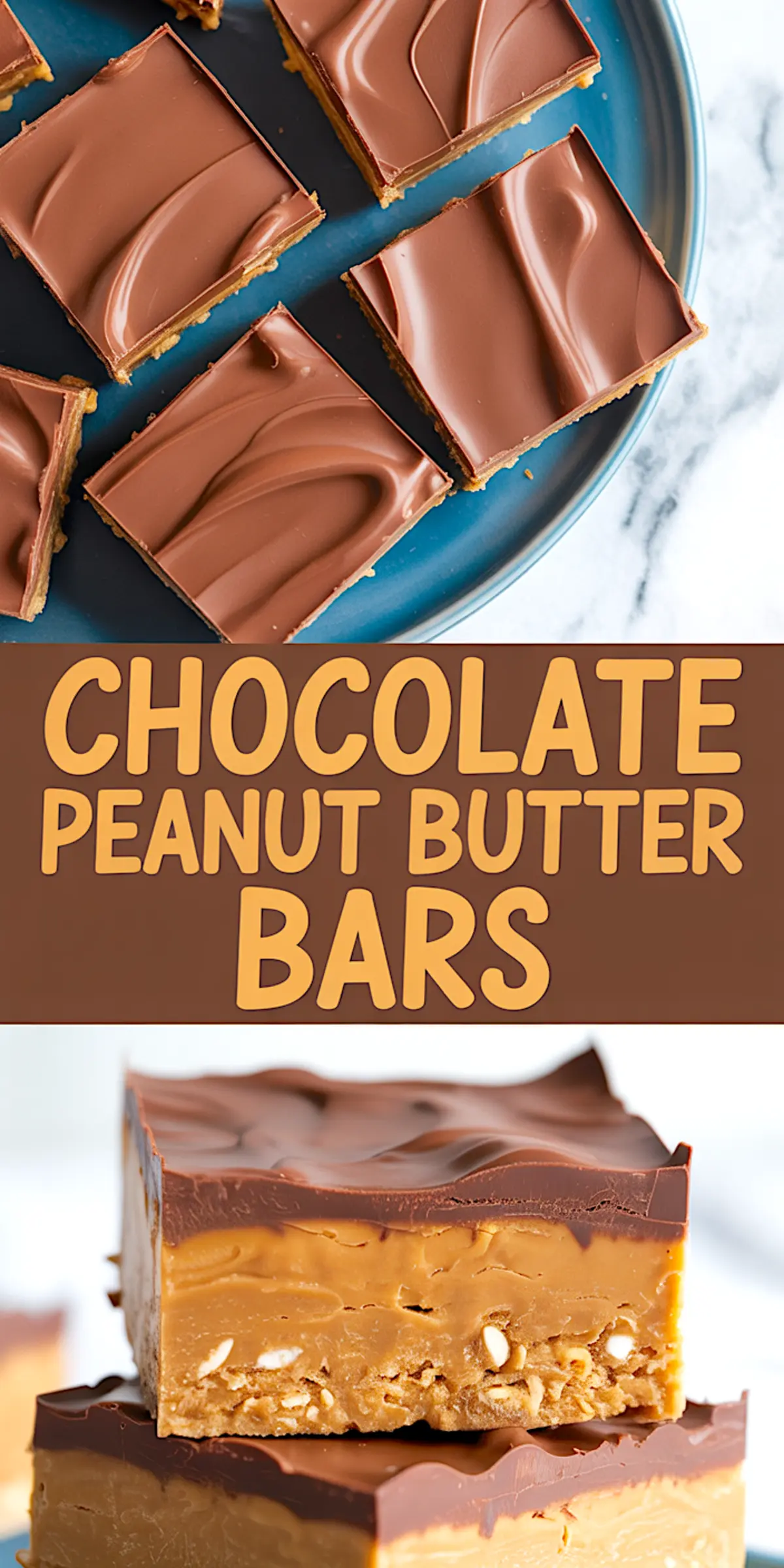Collage of chocolate peanut butter bars with text overlay, displaying smooth chocolate topping over thick peanut butter layers, showcasing easy no bake desserts perfect for peanut butter lovers.