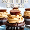 Single chocolate and peanut butter cupcake on a blue plate, topped with thick peanut butter frosting and a Reese’s cup, representing chocolate cupcake ideas and peanut butter muffins recipes with rich chocolate cupcake frosting.